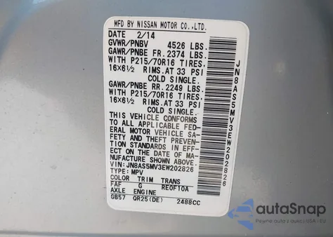 2014 Nissan Rogue Select S z USA, uszkodzony, nr VIN JN8AS5MV3EW202826